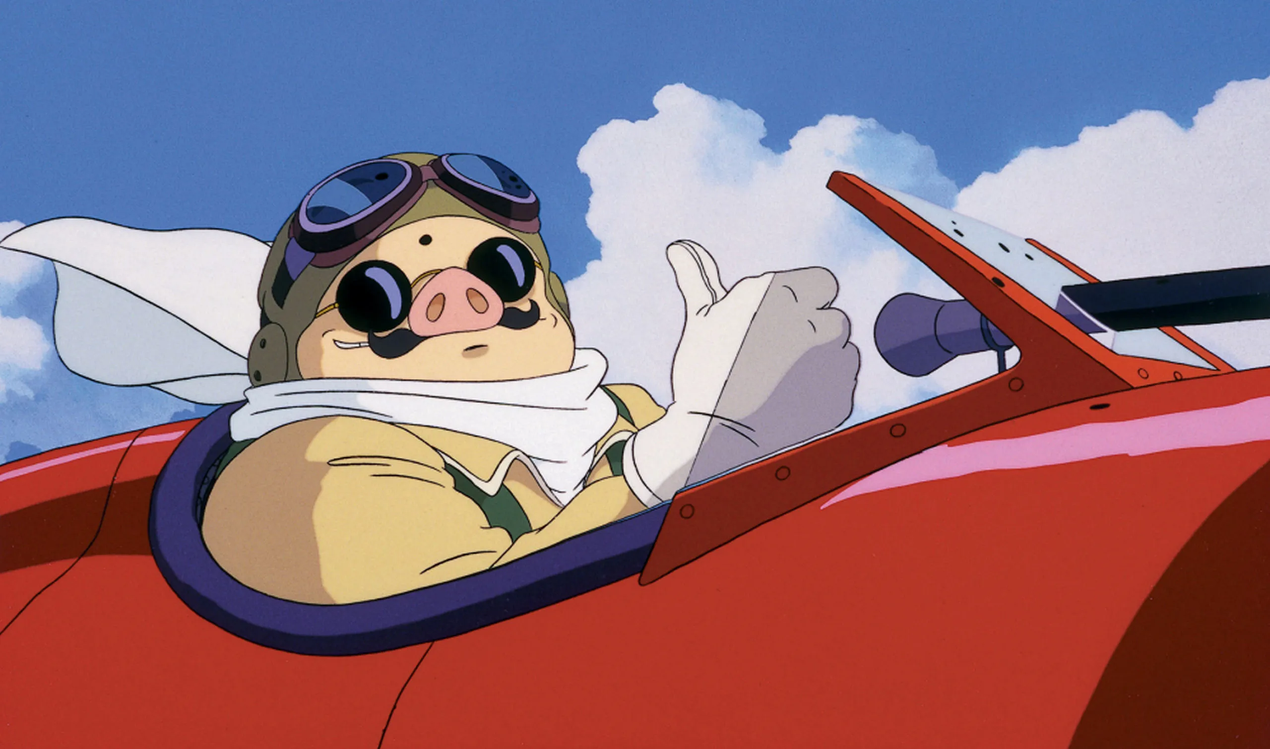 Un cochon pilote (Porco Rosso) saluant depuis son avion